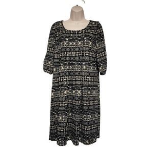 Perceptions New York black tan dress tucks Tribal pattern 3/4 sleeve Misses L